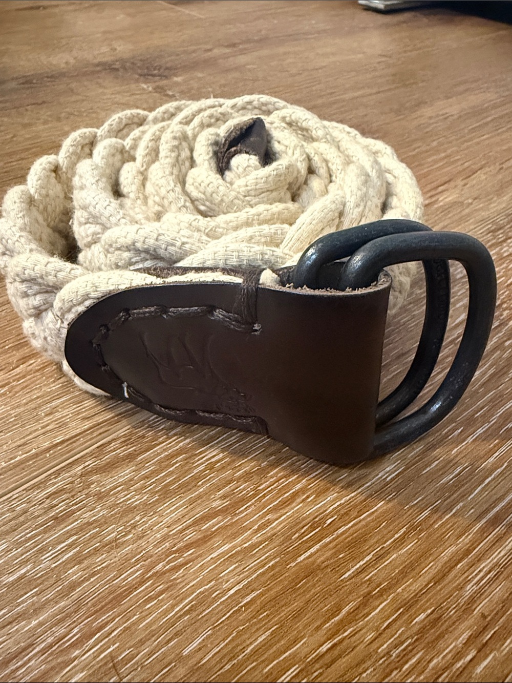 Abercrombie & Fitch Mens Unisex Rope Belt Dark Brown Leather Trim Preppy Vintage